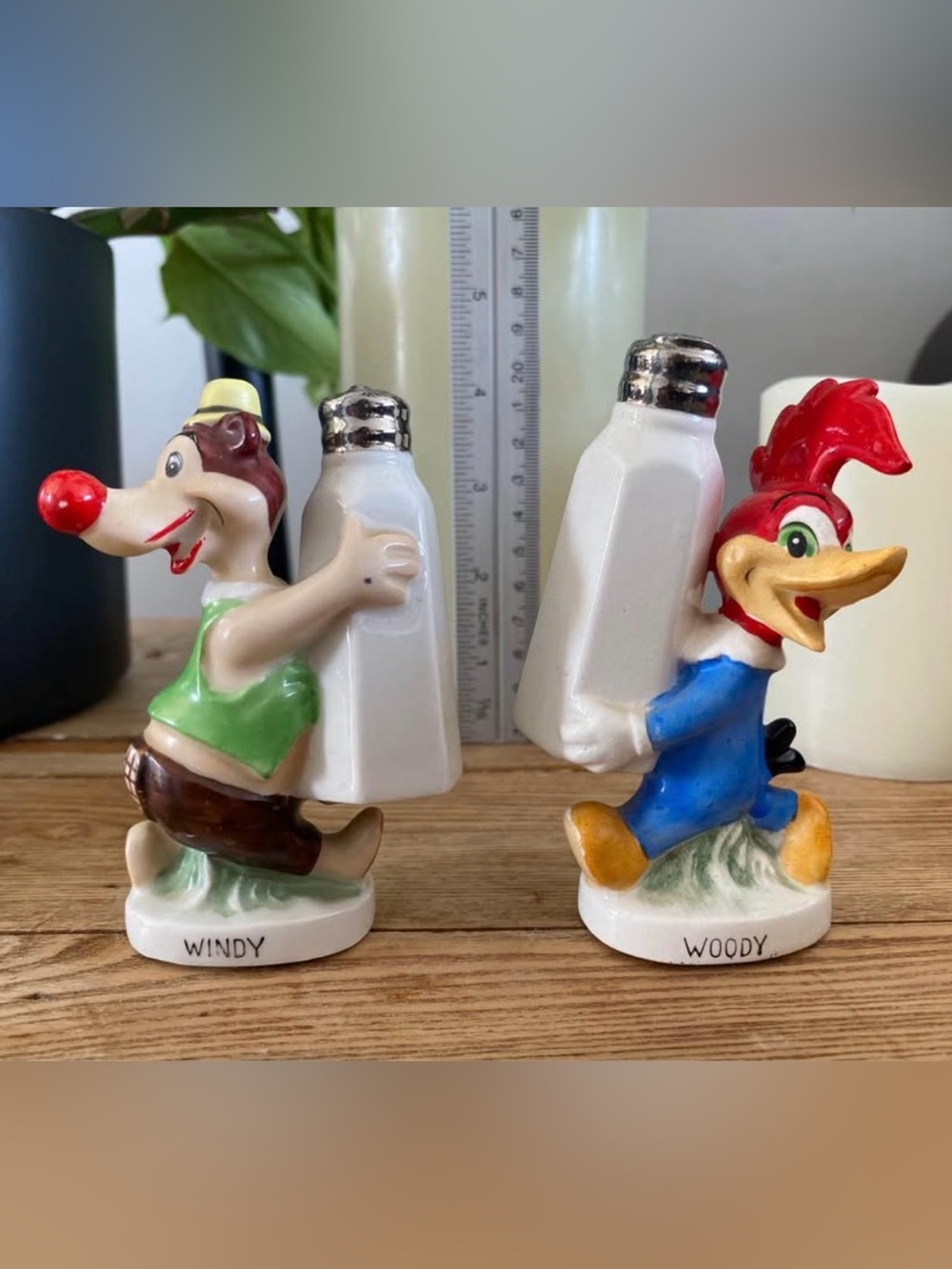 VTG 1958 Woody Woodpecker & Windy Bear Salt Pepper Shakers Japan Napco Lantz